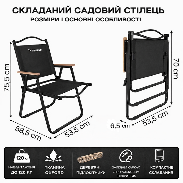 Складаний садовий стілець для кемпінгу та балкона 120 кг чорний 27552 фото